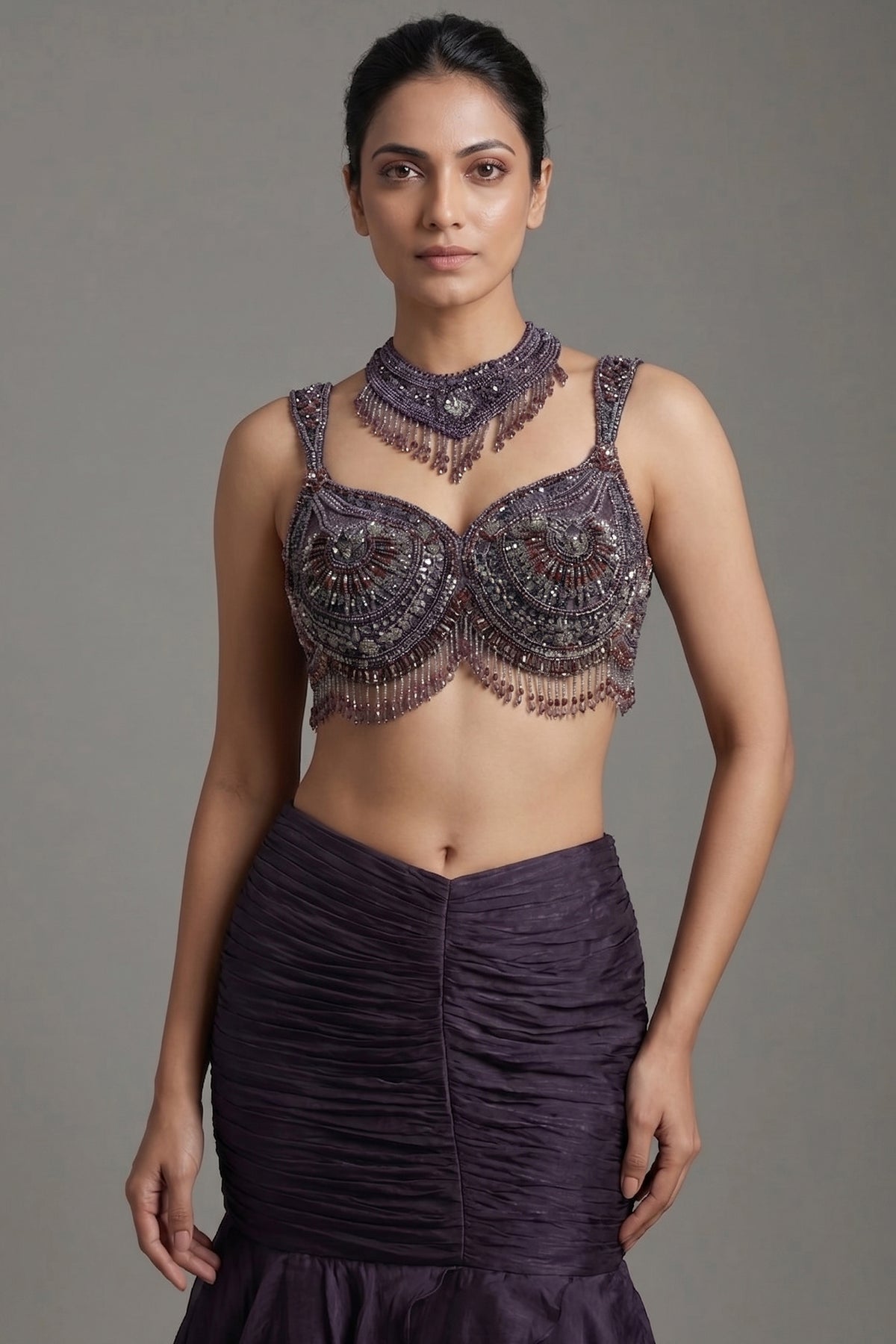 Purple Fish-Cut Ruffled Lehenga with Designer Blouse - purple saree