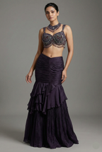 Purple Fish-Cut Ruffled Lehenga with Designer Blouse - purple saree