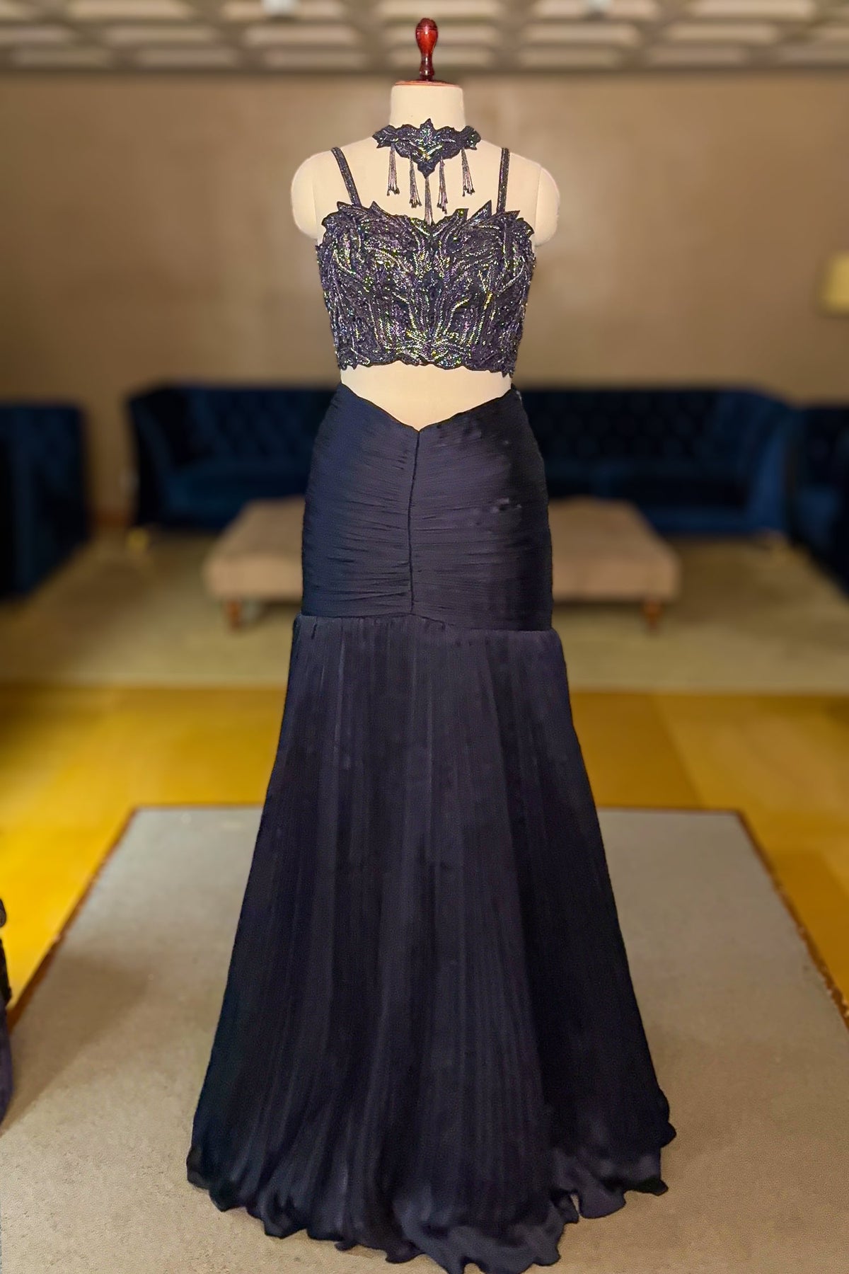 Dark Blue Fishcut Lehenga with Blouse and Choker Dupatta - blue saree