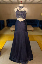 Dark Blue Fishcut Lehenga with Blouse and Choker Dupatta - blue saree