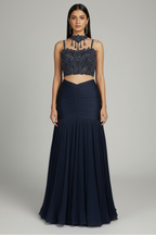 Dark Blue Fishcut Lehenga with Blouse and Choker Dupatta - blue saree