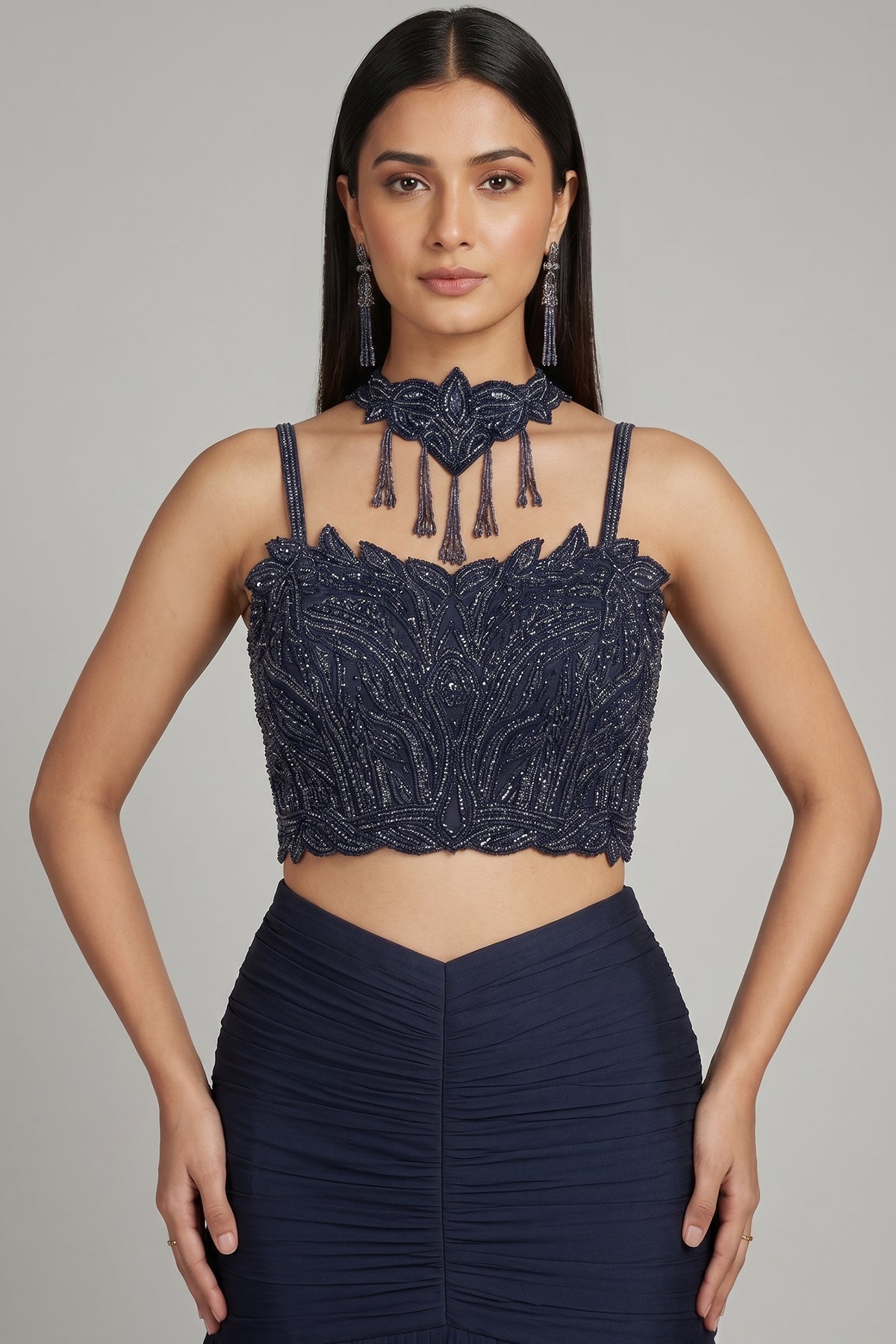 Dark Blue Fishcut Lehenga with Blouse and Choker Dupatta - blue saree