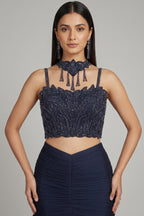 Dark Blue Fishcut Lehenga with Blouse and Choker Dupatta - blue saree