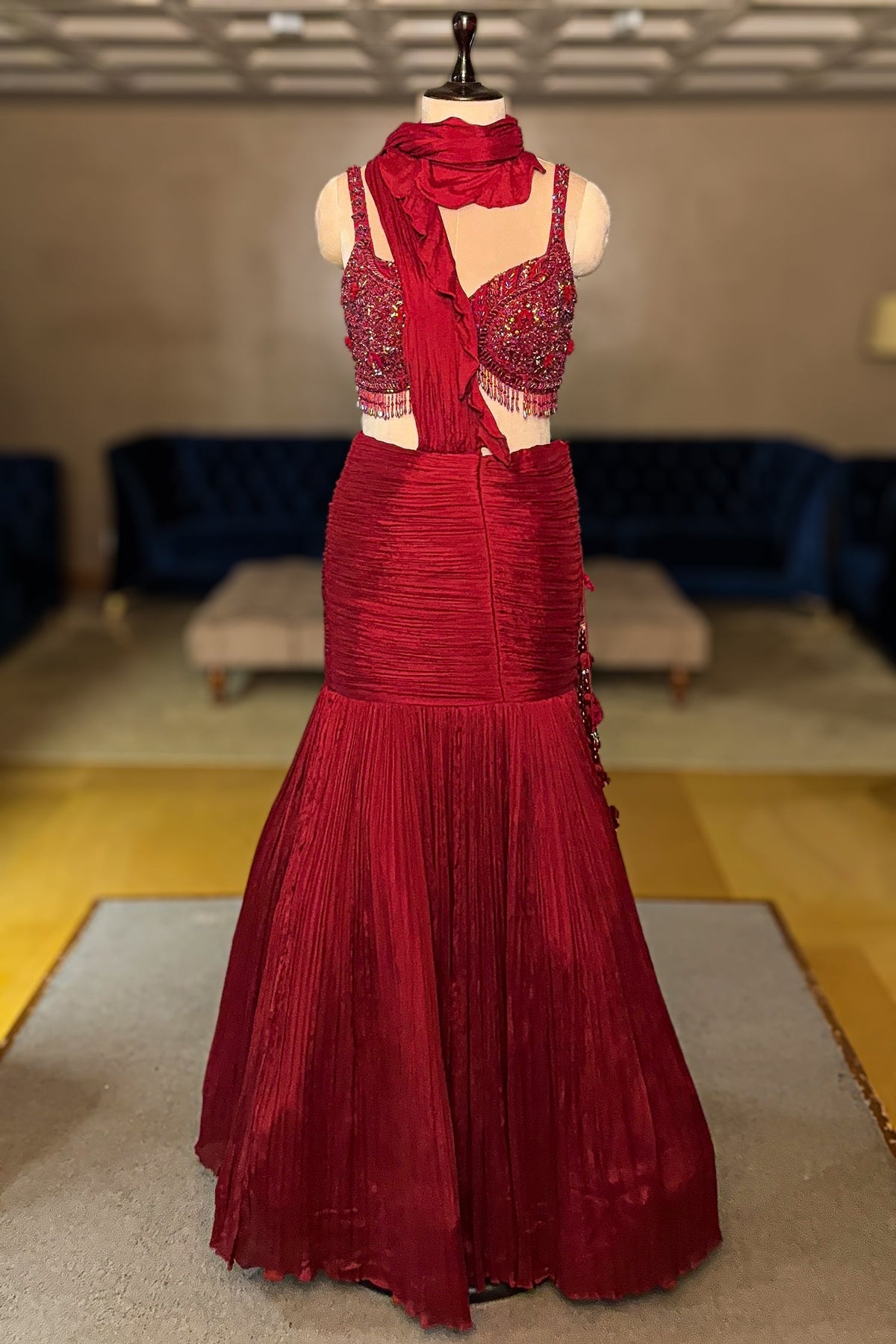 Glamorous Maroon Embellished Fishcut Lehenga Set - maroon saree