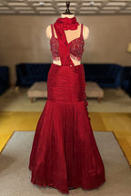 Glamorous Maroon Embellished Fishcut Lehenga Set - maroon saree