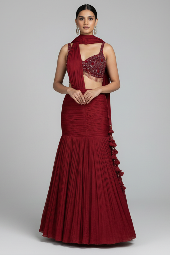 Glamorous Maroon Embellished Fishcut Lehenga Set - maroon saree