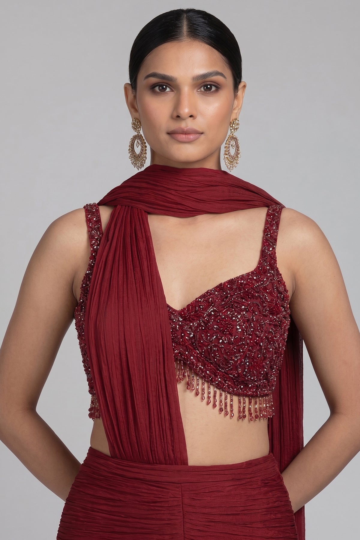 Glamorous Maroon Embellished Fishcut Lehenga Set - maroon saree