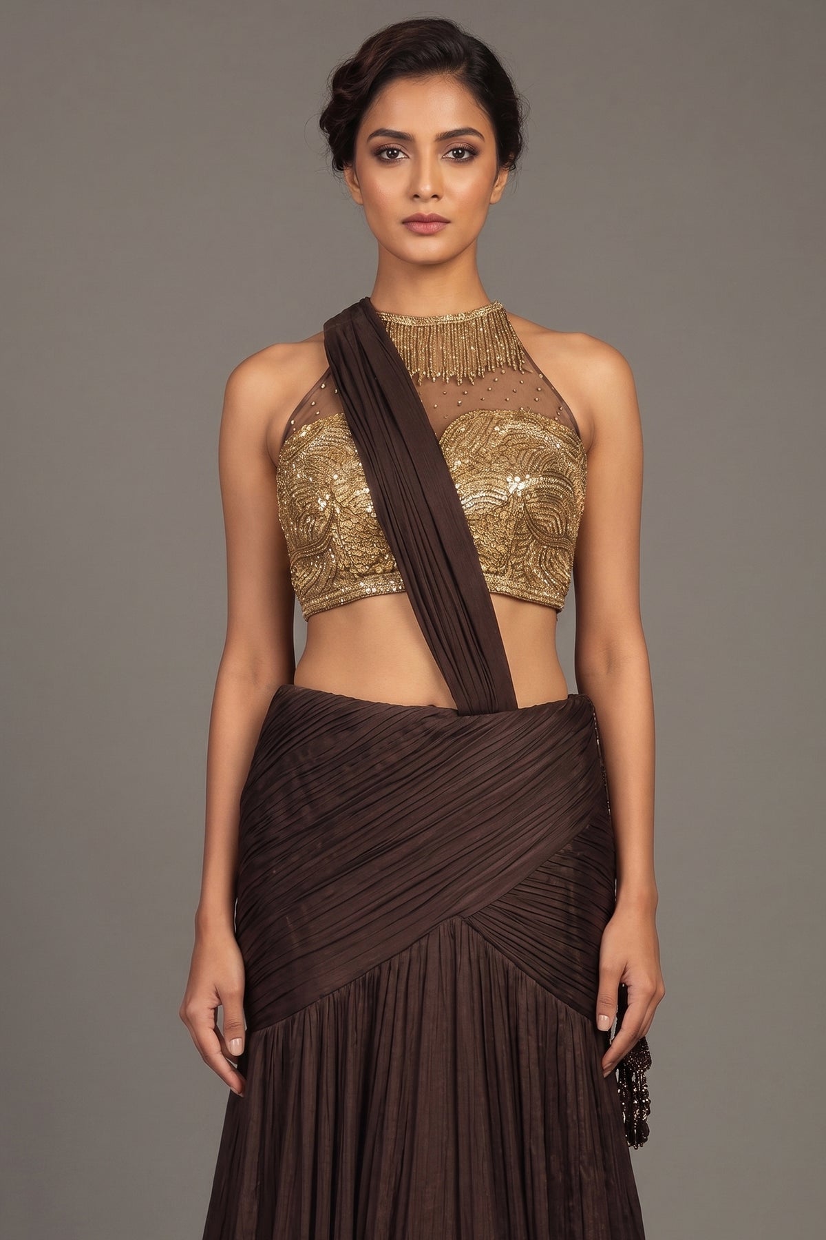Brown Pleated Fish-Cut Lehenga with Gold Sequin Choli - gold saree holi