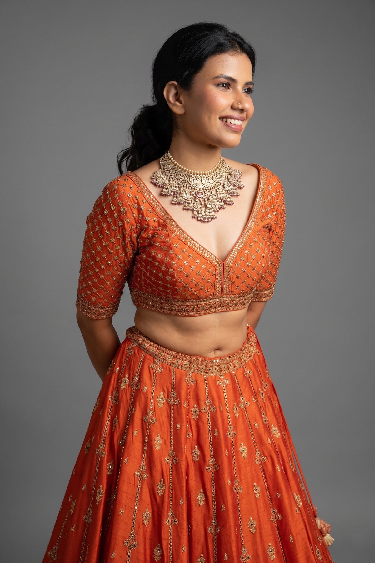 Orange Matka Silk Sequin Embroidered Lehenga - red silk saree embroidered
