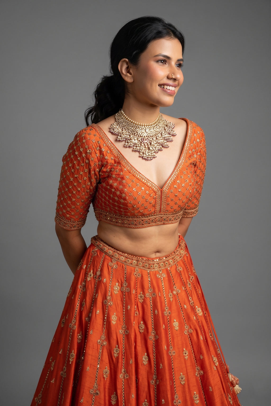 Orange Matka Silk Sequin Embroidered Lehenga - red silk saree embroidered