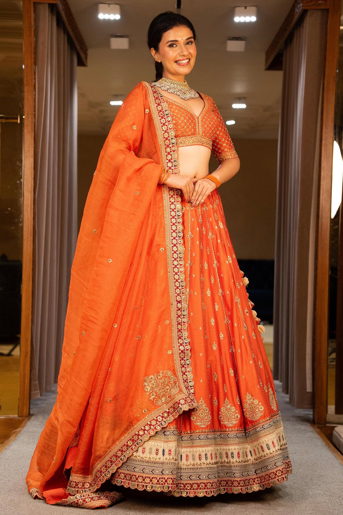Orange Matka Silk Sequin Embroidered Lehenga - red silk saree embroidered