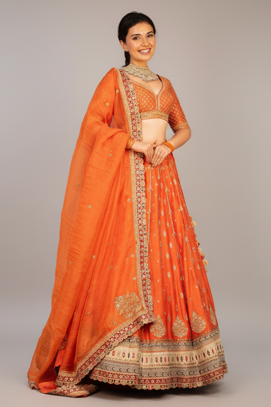 Orange Matka Silk Sequin Embroidered Lehenga - red silk saree embroidered Main image