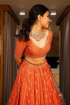 Orange Matka Silk Sequin Embroidered Lehenga - red silk saree embroidered