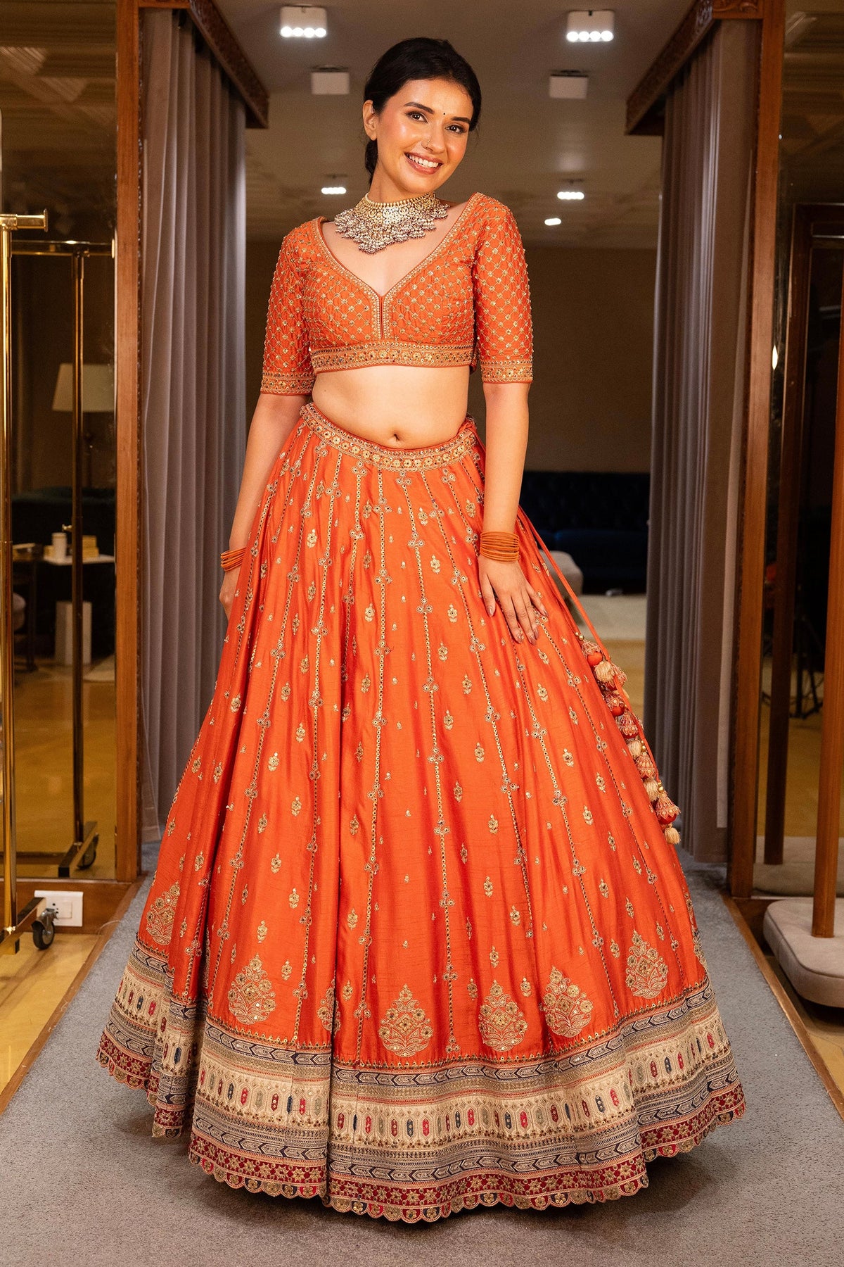 Orange Matka Silk Sequin Embroidered Lehenga - red silk saree embroidered