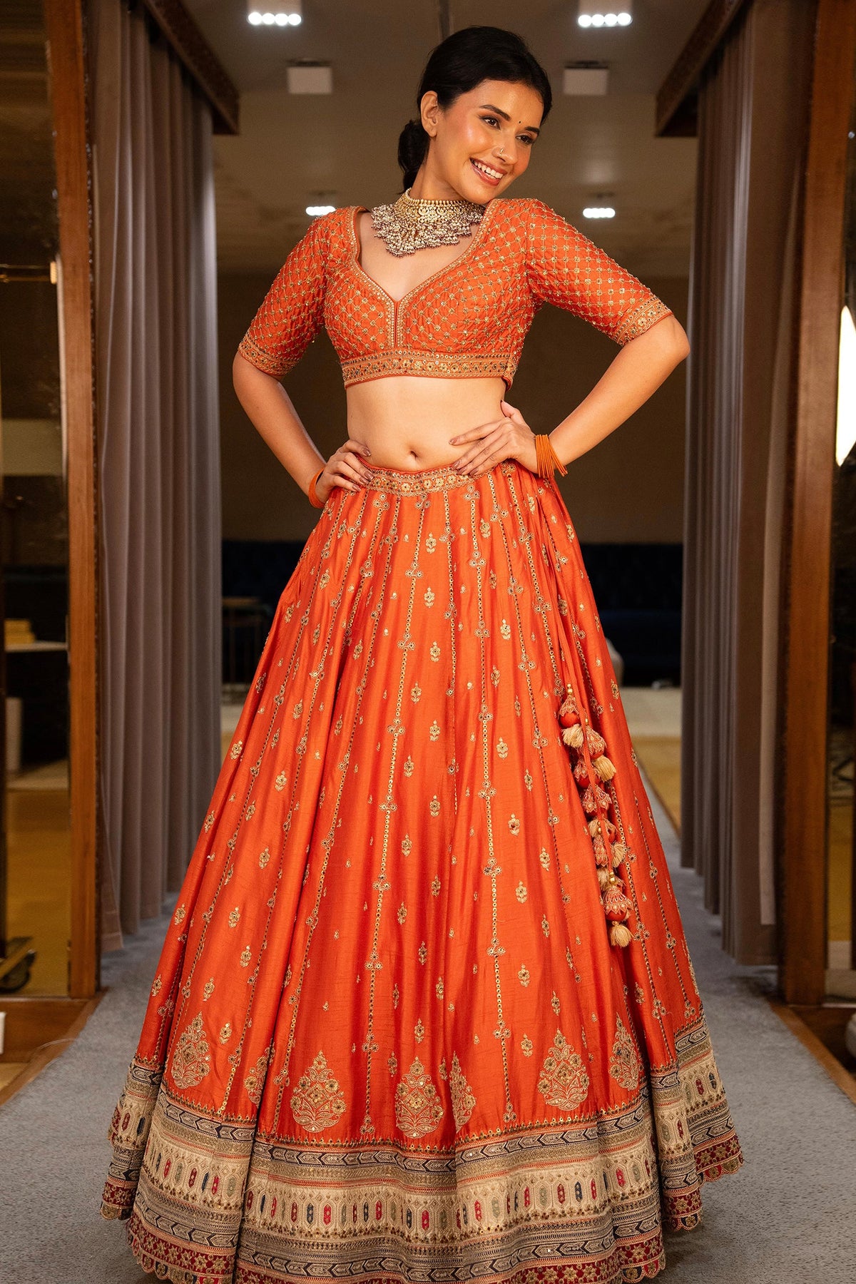 Orange Matka Silk Sequin Embroidered Lehenga - red silk saree embroidered