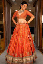 Orange Matka Silk Sequin Embroidered Lehenga - red silk saree embroidered