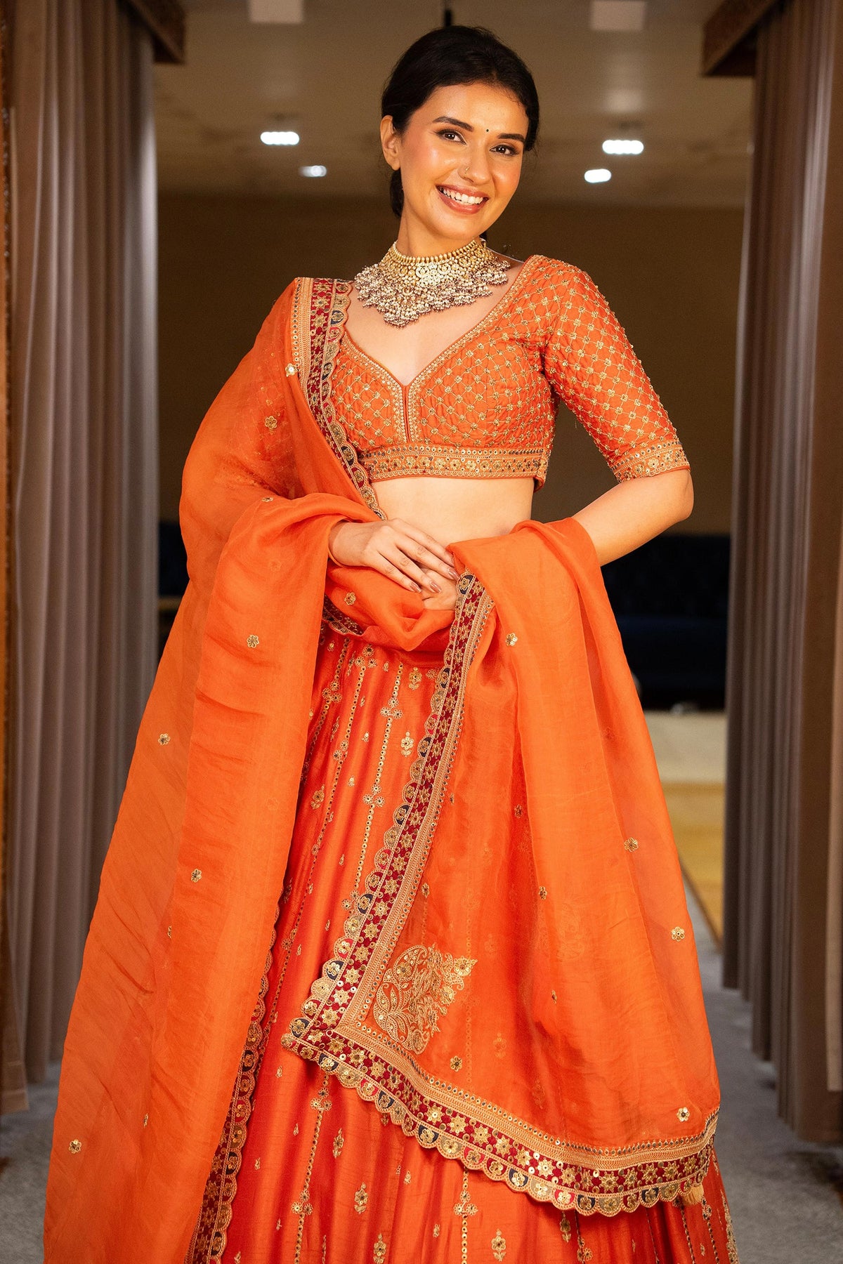 Orange Matka Silk Sequin Embroidered Lehenga - red silk saree embroidered