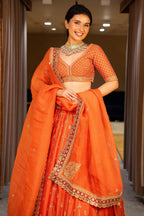 Orange Matka Silk Sequin Embroidered Lehenga - red silk saree embroidered