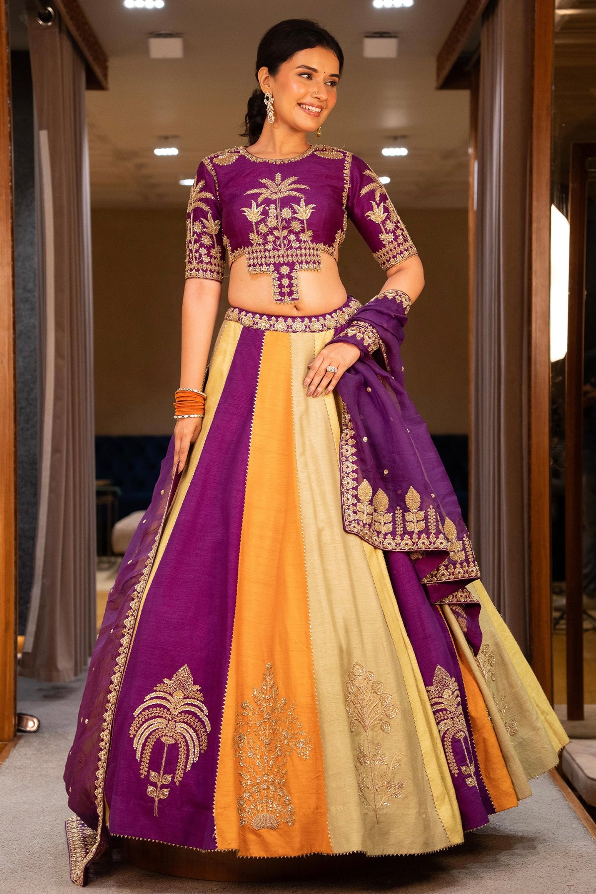 Multi Colored Matka Silk Lehenga with Zari Embroidered and Sequin Work - red silk saree embroidered