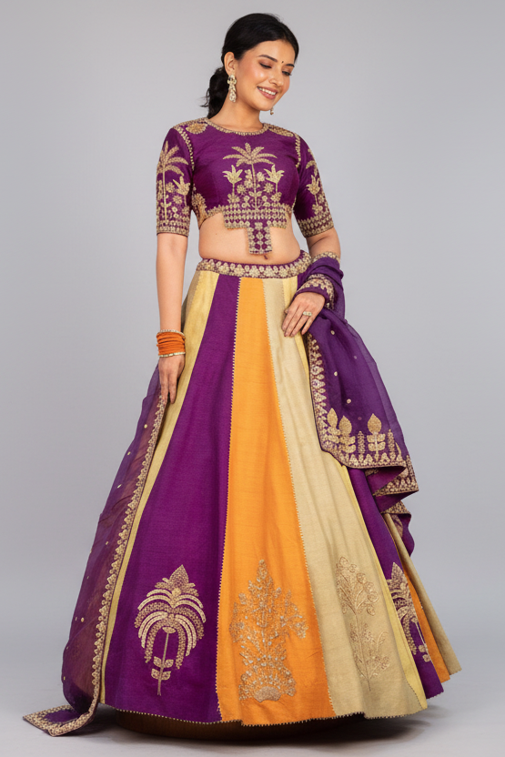 Multi Colored Matka Silk Lehenga with Zari Embroidered and Sequin Work - red silk saree embroidered