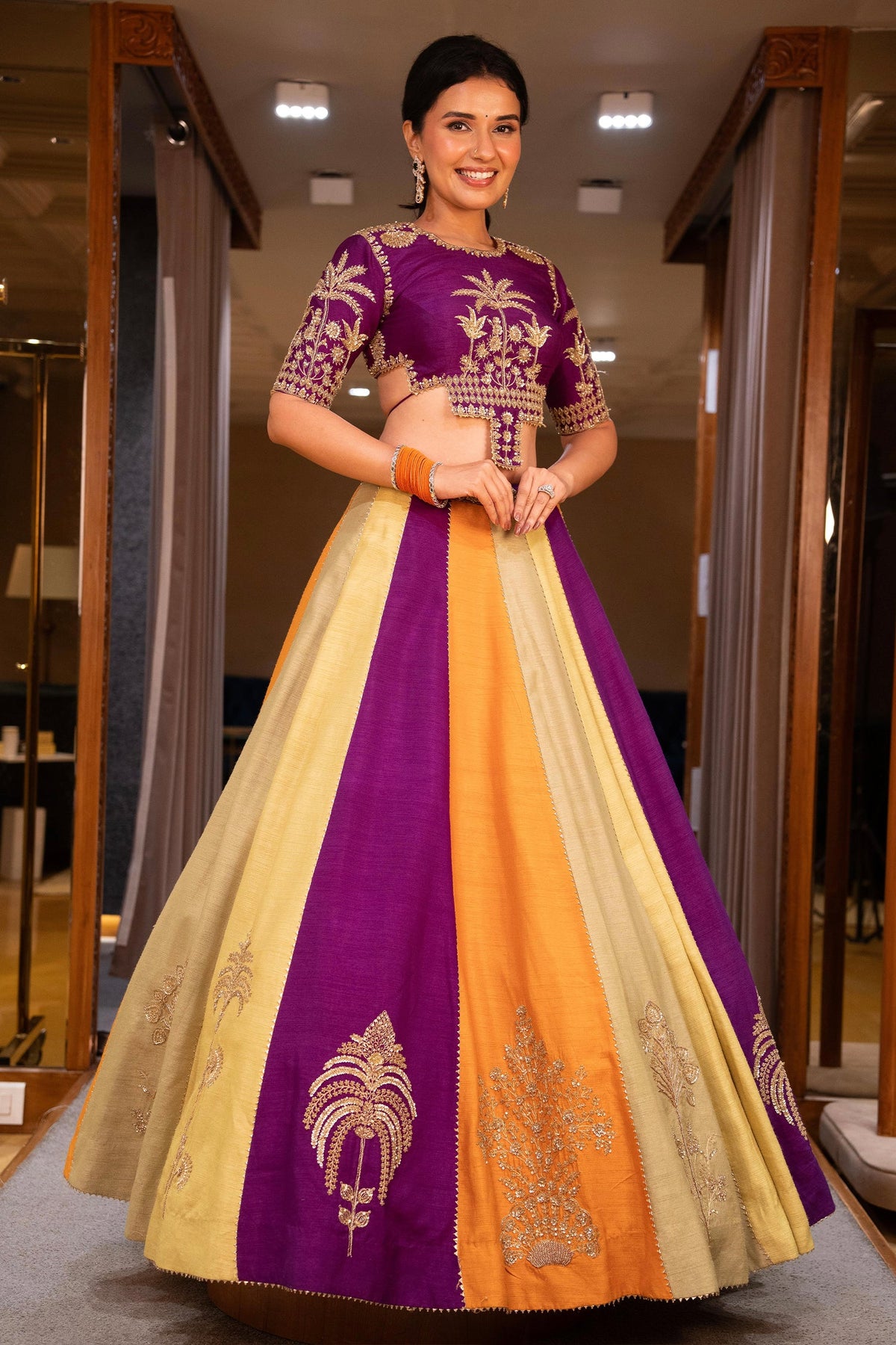 Multi Colored Matka Silk Lehenga with Zari Embroidered and Sequin Work - red silk saree embroidered