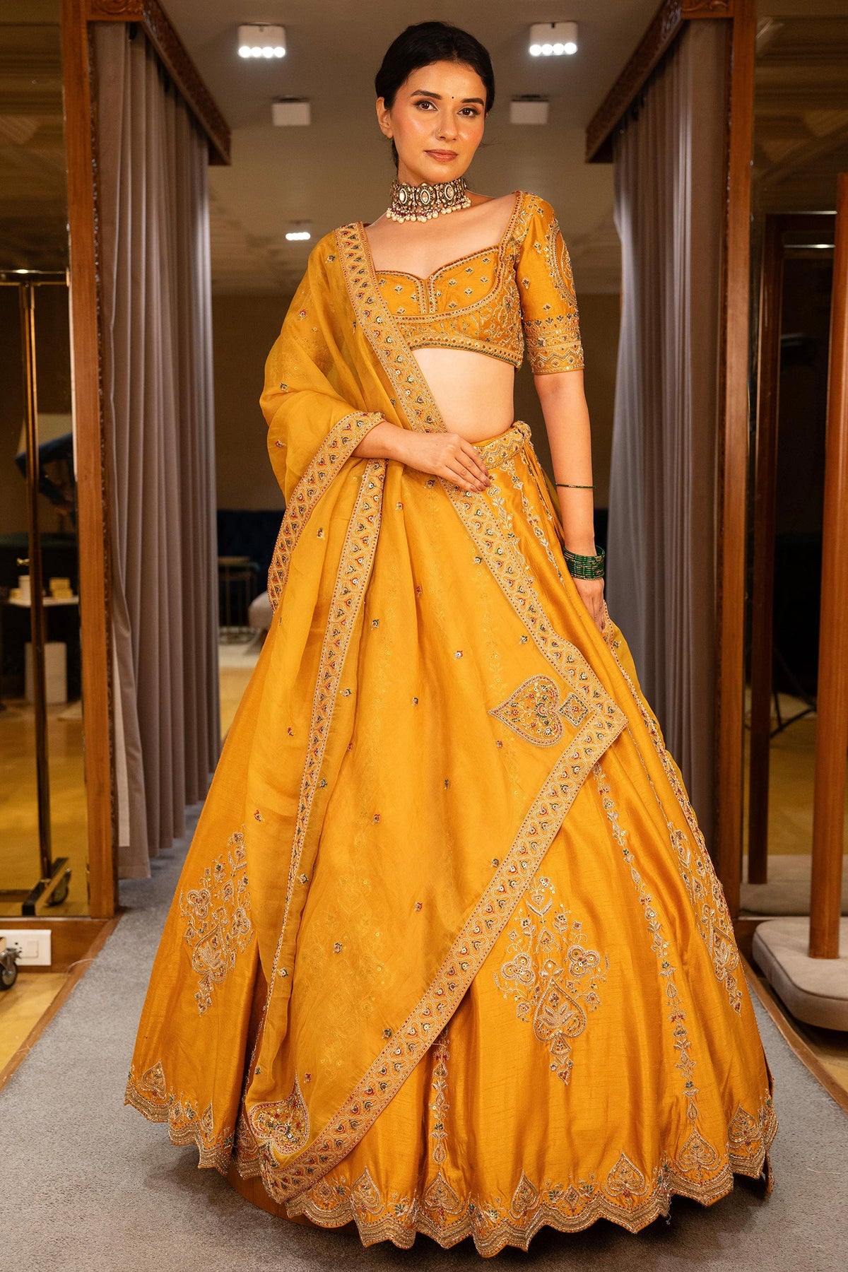 Yellow Silk Sequinned and Embroidered Lehenga - red silk saree embroidered