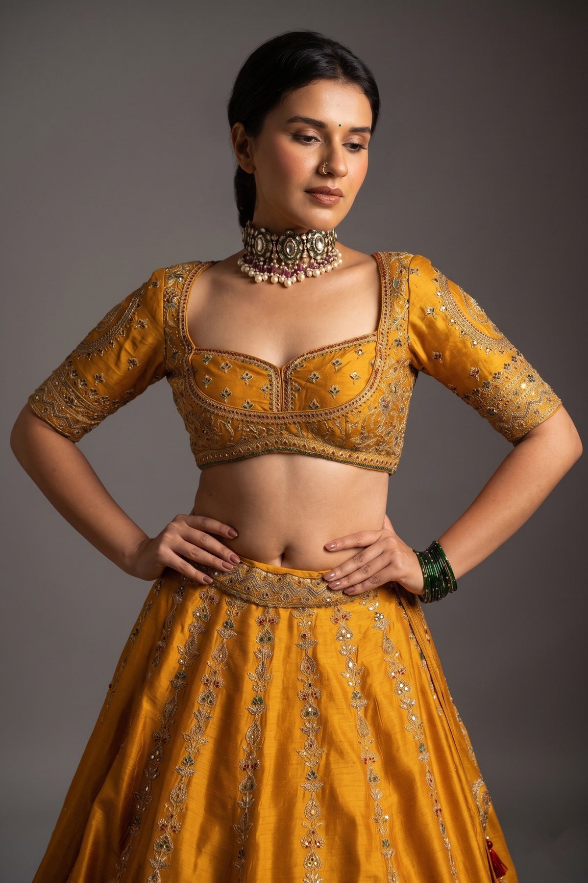 Yellow Silk Sequinned and Embroidered Lehenga - red silk saree embroidered