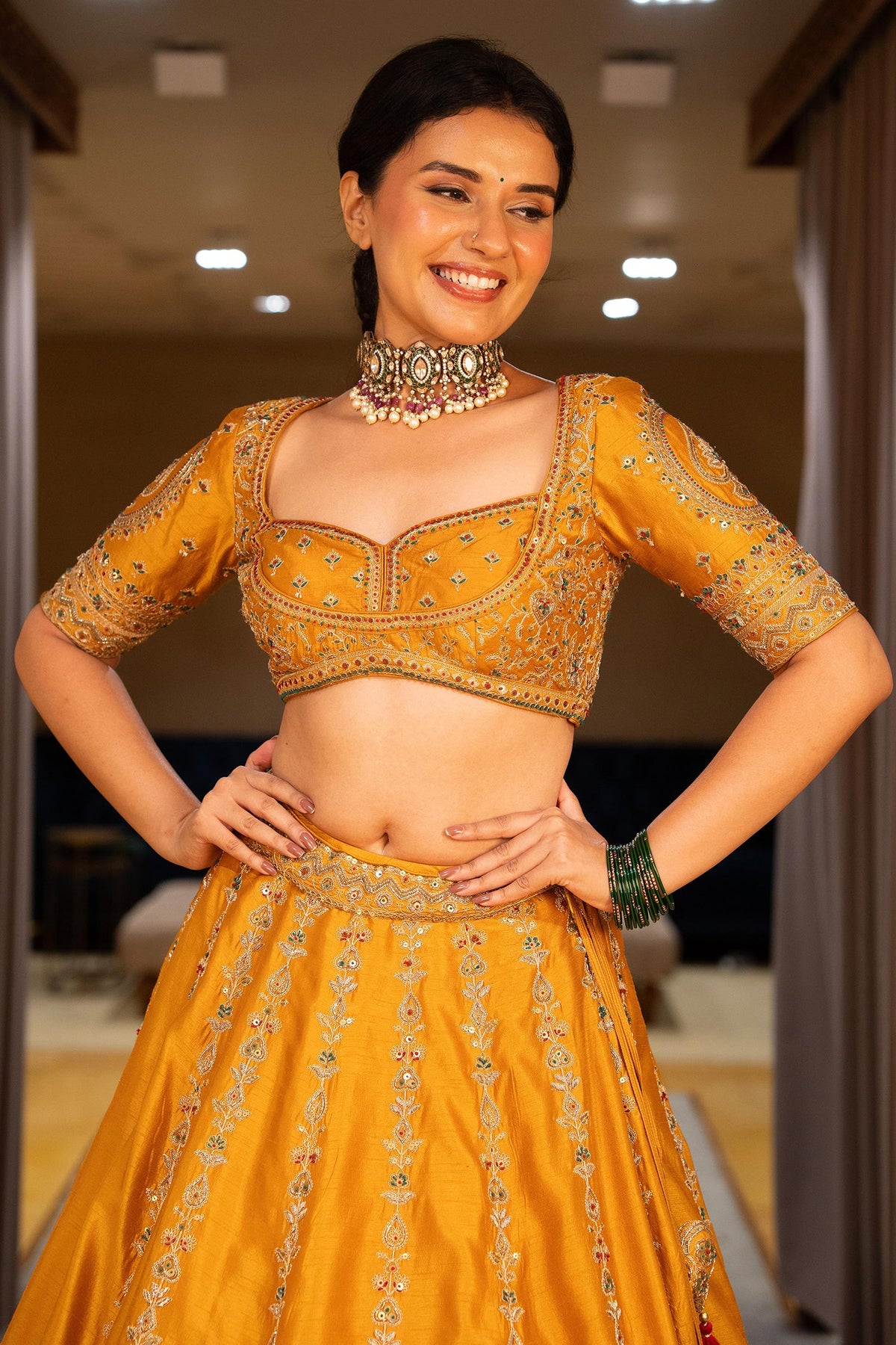 Yellow Silk Sequinned and Embroidered Lehenga - red silk saree embroidered