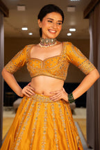 Yellow Silk Sequinned and Embroidered Lehenga - red silk saree embroidered