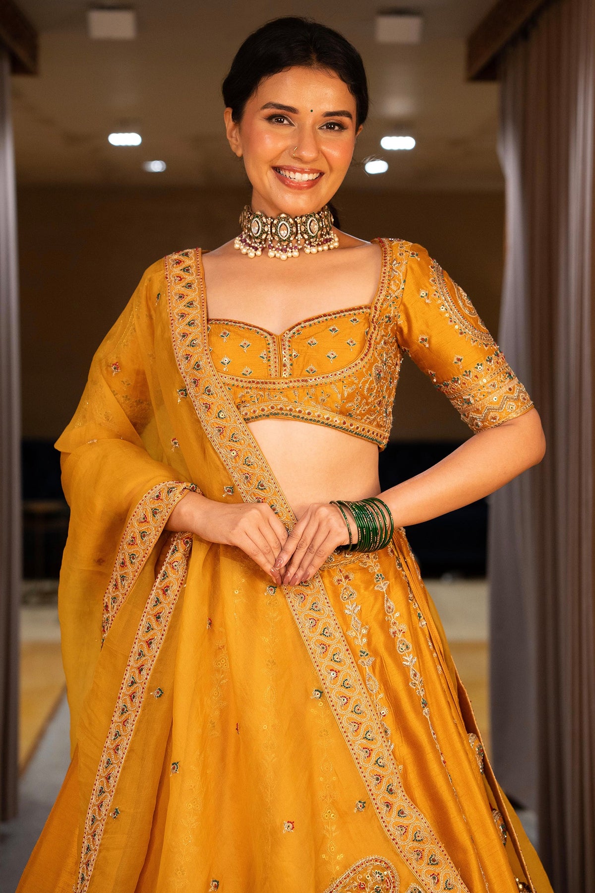 Yellow Silk Sequinned and Embroidered Lehenga - red silk saree embroidered