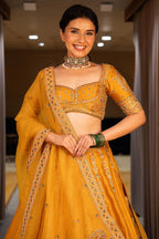 Yellow Silk Sequinned and Embroidered Lehenga - red silk saree embroidered