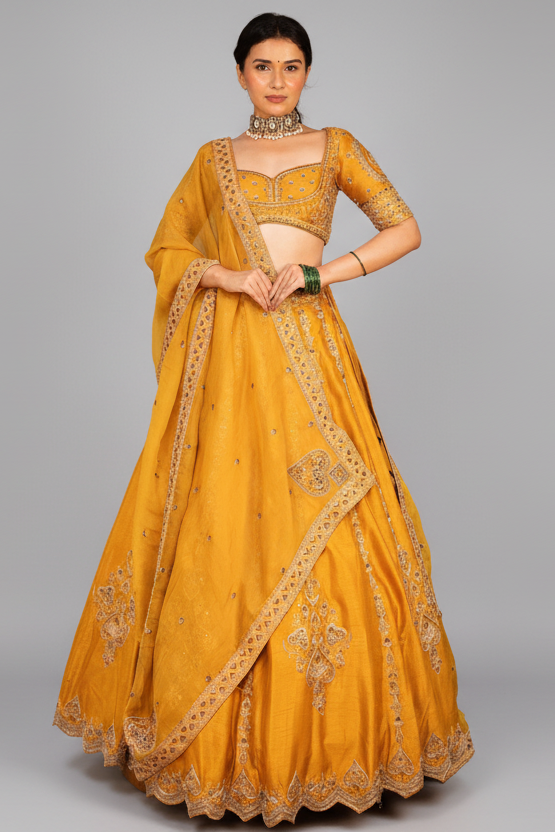 Yellow Silk Sequinned and Embroidered Lehenga - red silk saree embroidered Main image
