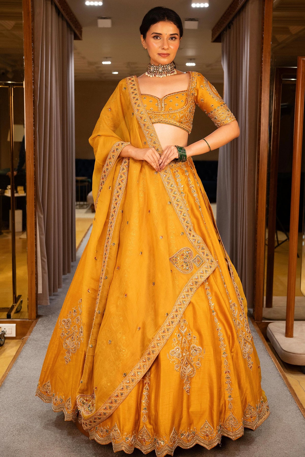 Yellow Silk Sequinned and Embroidered Lehenga - red silk saree embroidered