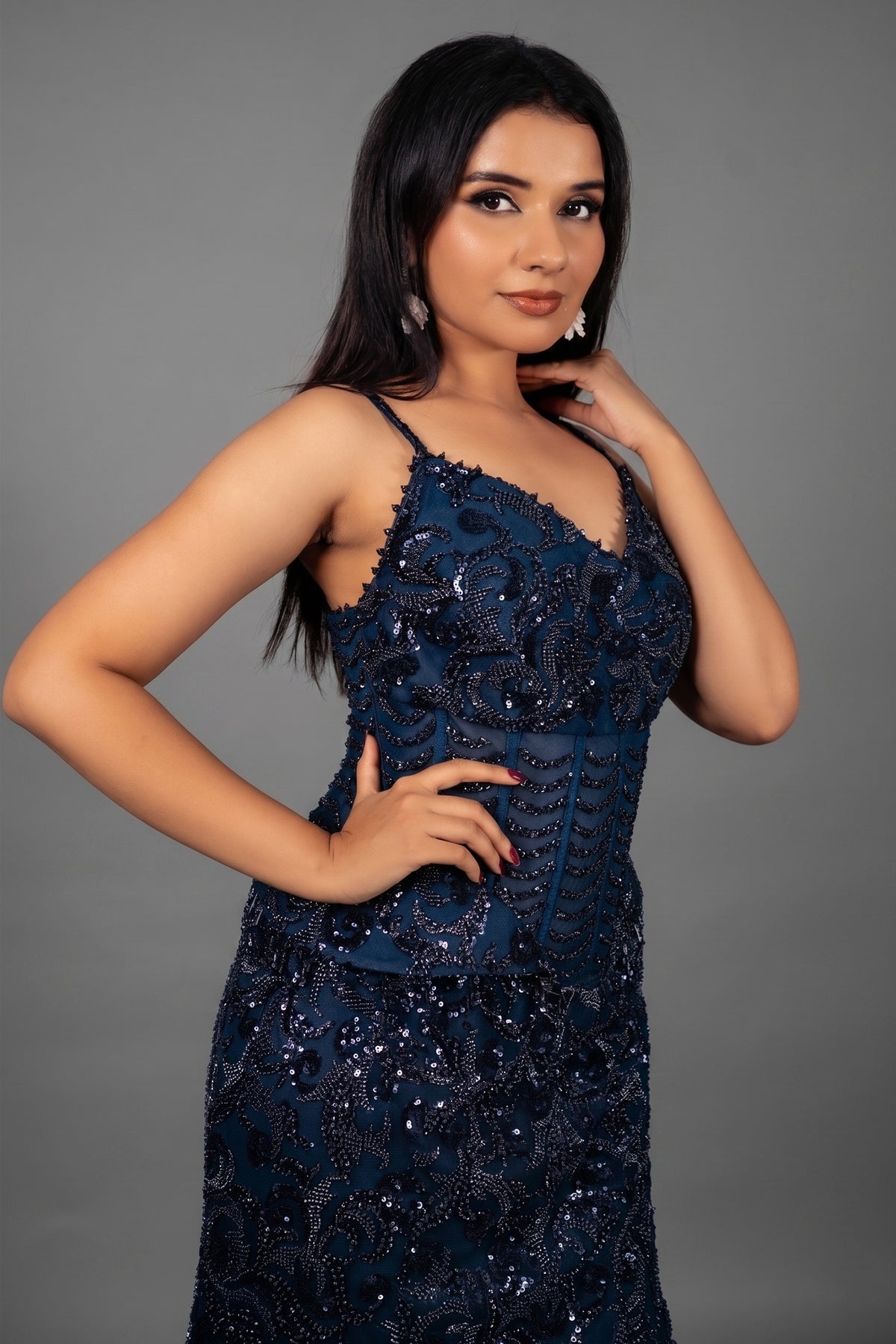Blue Net Sequinned and Cutdana Worked Fish Cut Lehenga with Corset - blue net saree
