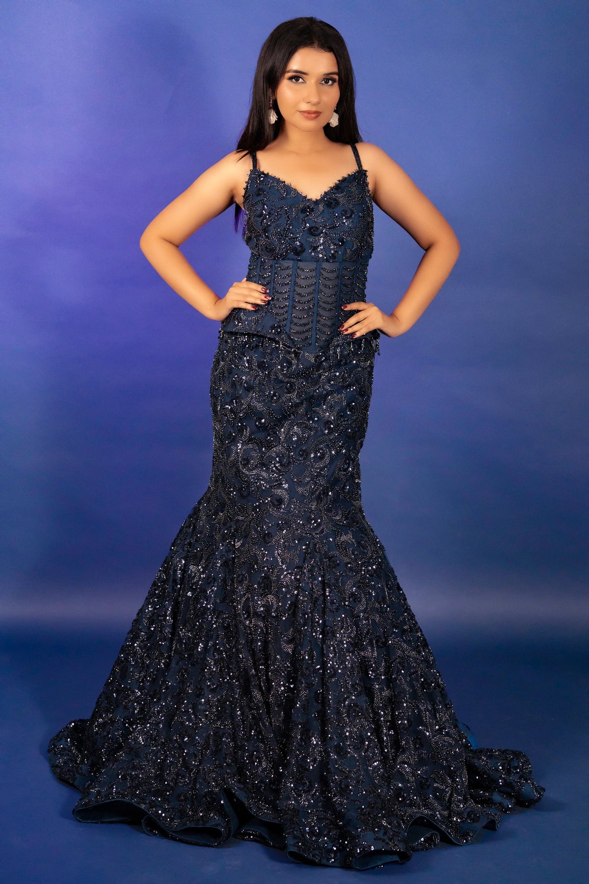 Blue Net Sequinned and Cutdana Worked Fish Cut Lehenga with Corset - blue net saree