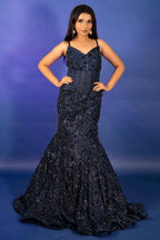 Blue Net Sequinned and Cutdana Worked Fish Cut Lehenga with Corset - blue net saree