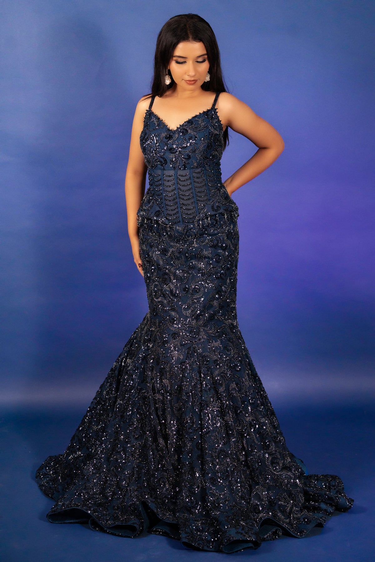 Blue Net Sequinned and Cutdana Worked Fish Cut Lehenga with Corset - blue net saree