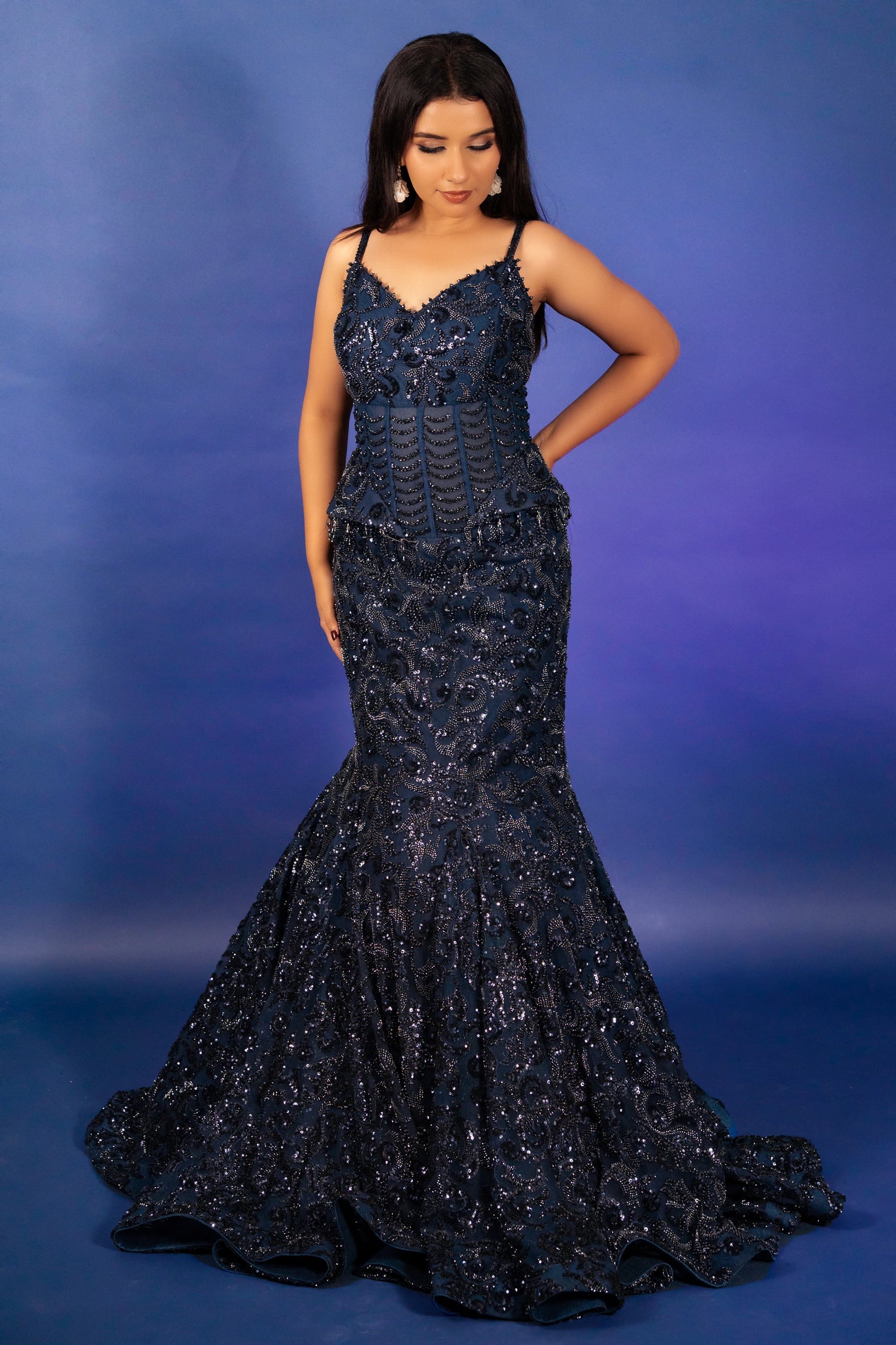 Blue Net Sequinned and Cutdana Worked Fish Cut Lehenga with Corset - blue net saree