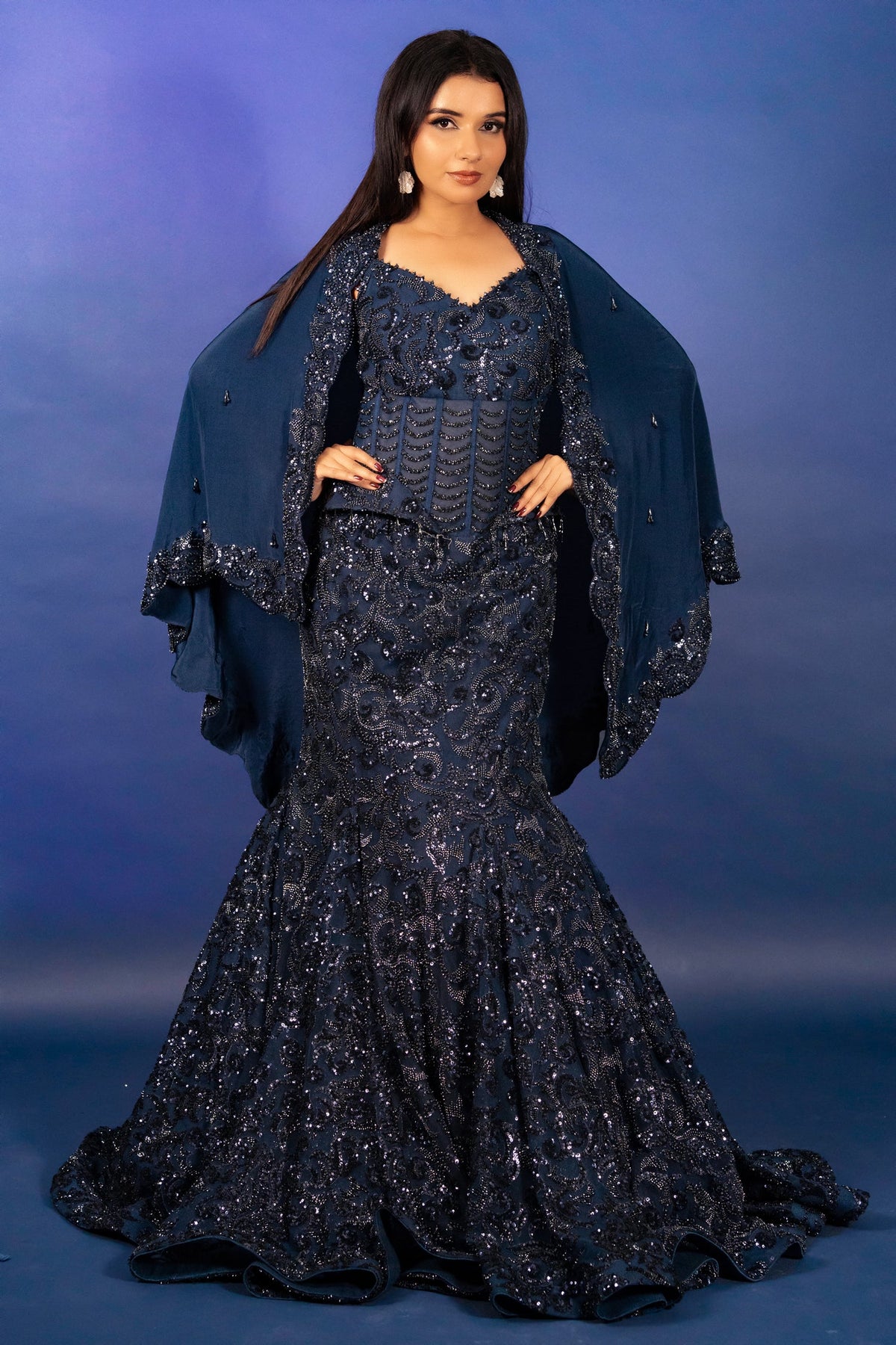 Blue Net Sequinned and Cutdana Worked Fish Cut Lehenga with Corset - blue net saree