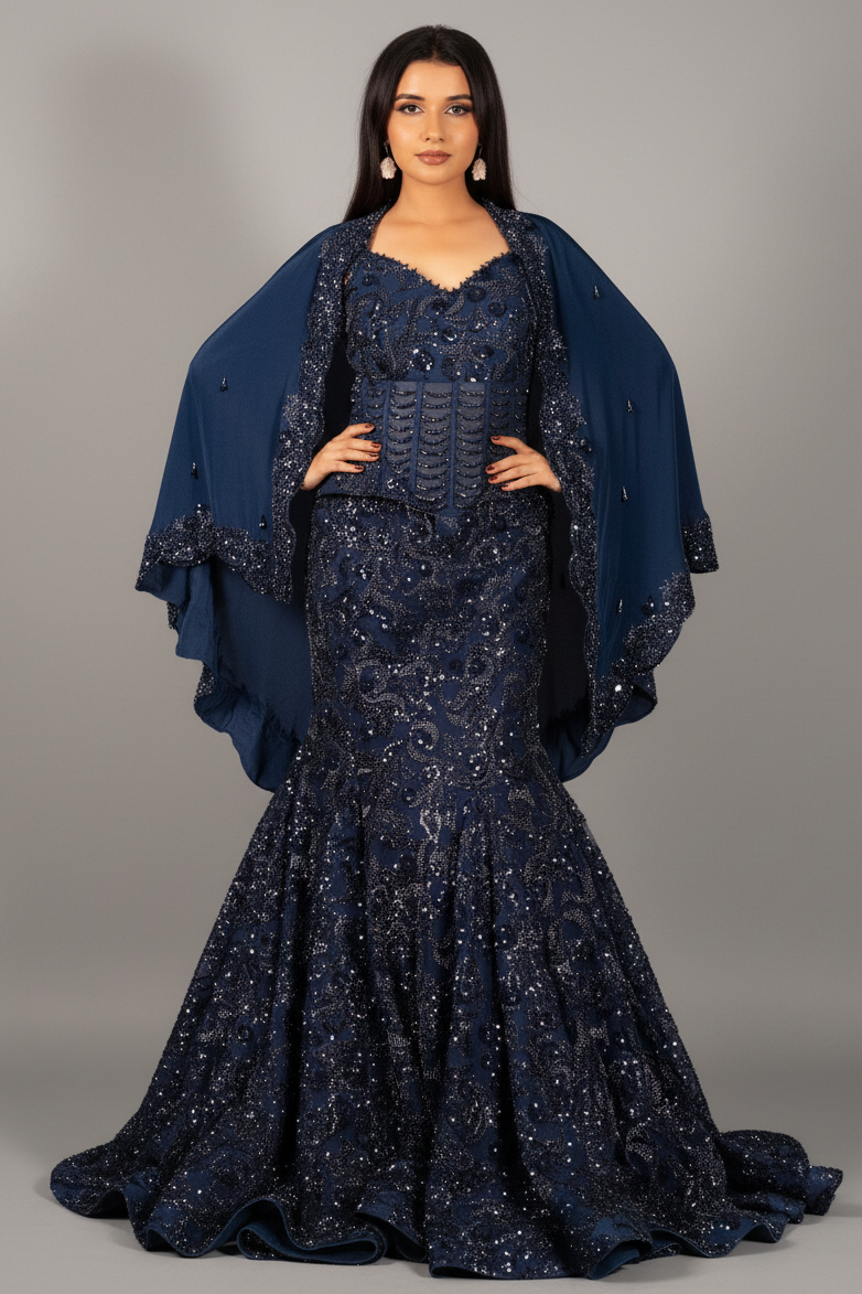 Blue Net Sequinned and Cutdana Worked Fish Cut Lehenga with Corset - blue net saree