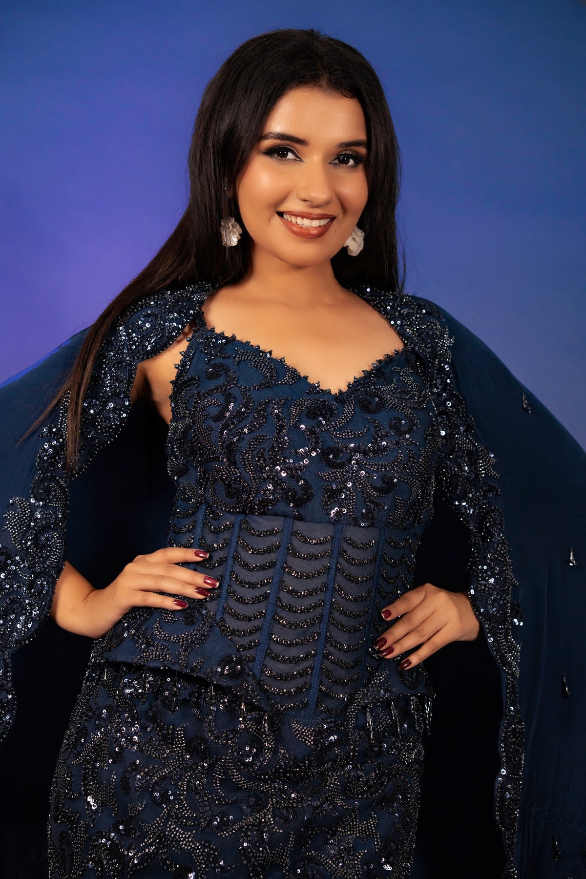 Blue Net Sequinned and Cutdana Worked Fish Cut Lehenga with Corset - blue net saree