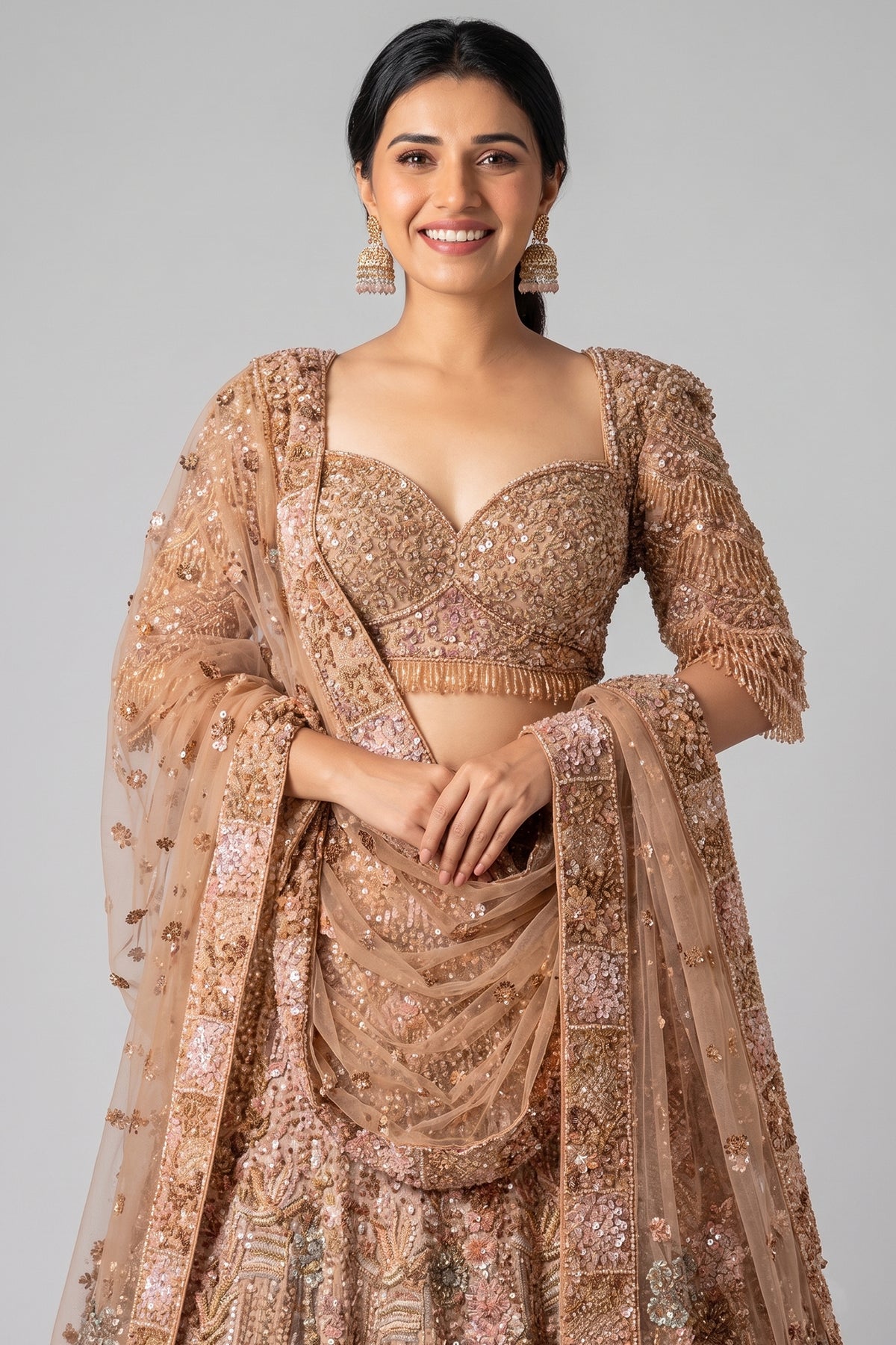 Pink Net Designer Sequin Cutdana and Beaded Lehenga - pink net saree