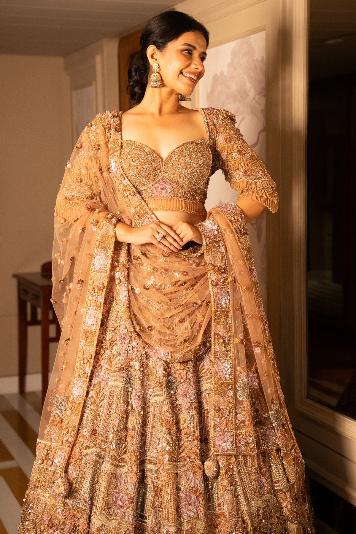 Pink Net Designer Sequin Cutdana and Beaded Lehenga - pink net saree