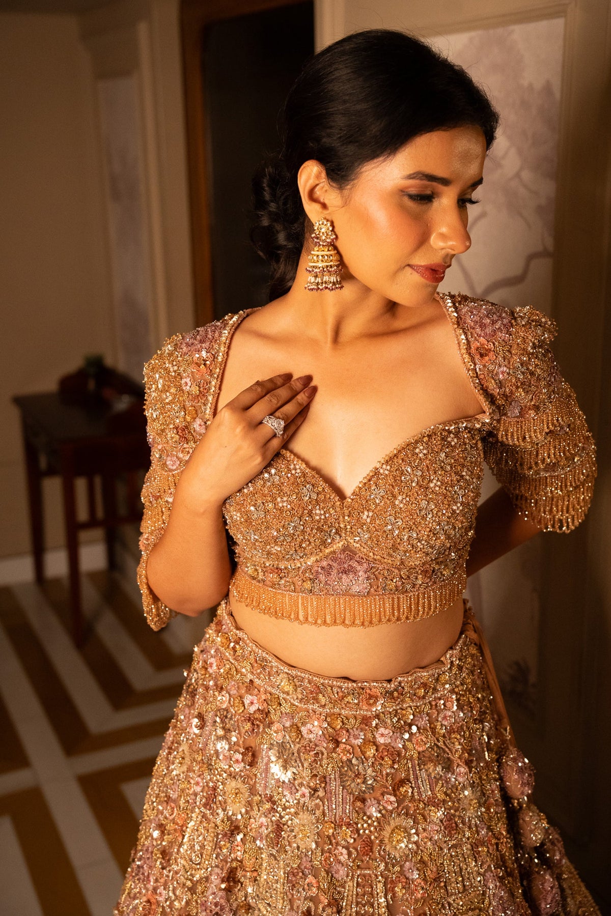 Pink Net Designer Sequin Cutdana and Beaded Lehenga - pink net saree