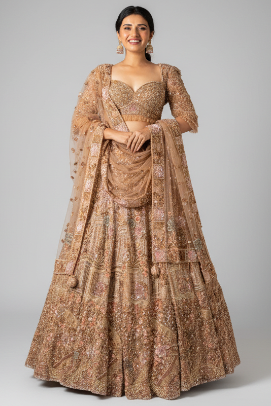 Pink Net Designer Sequin Cutdana and Beaded Lehenga - pink net saree