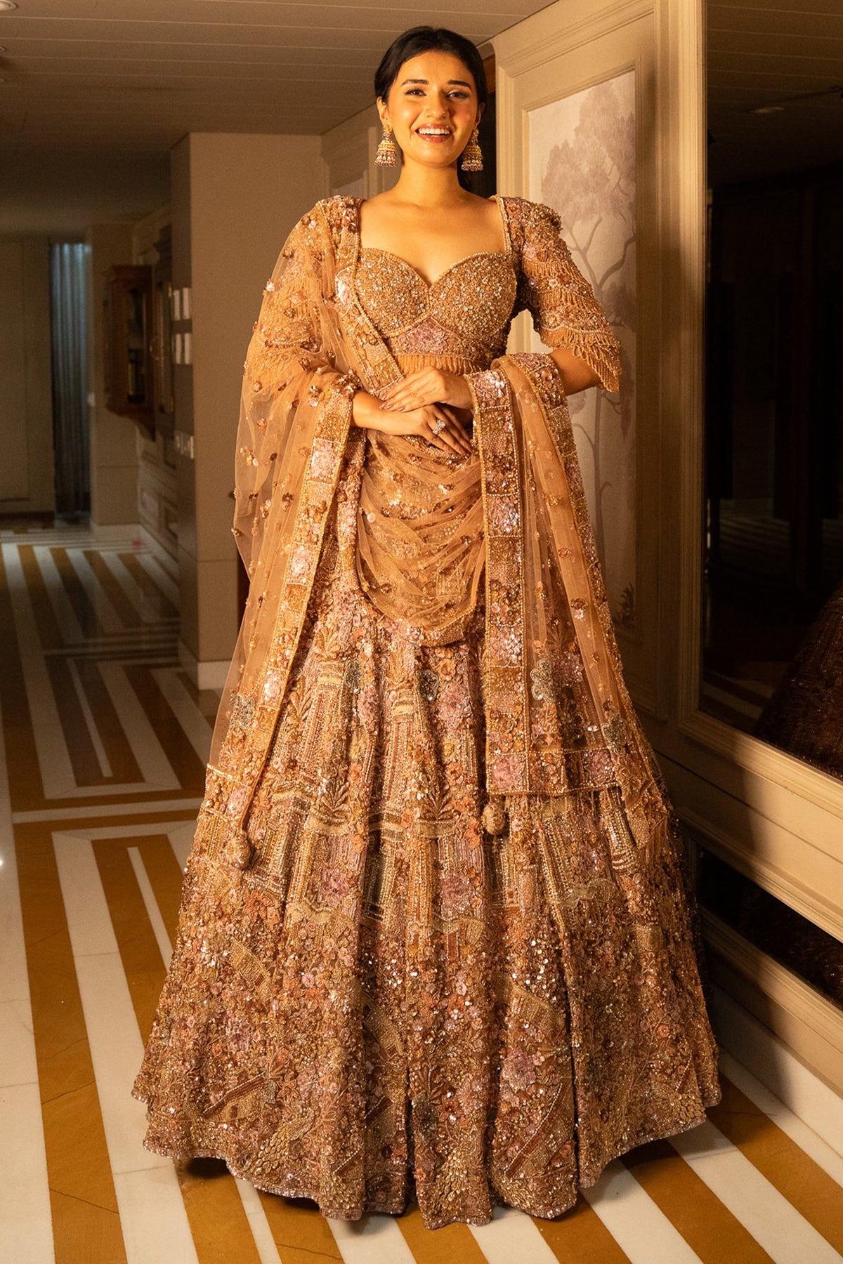 Pink Net Designer Sequin Cutdana and Beaded Lehenga