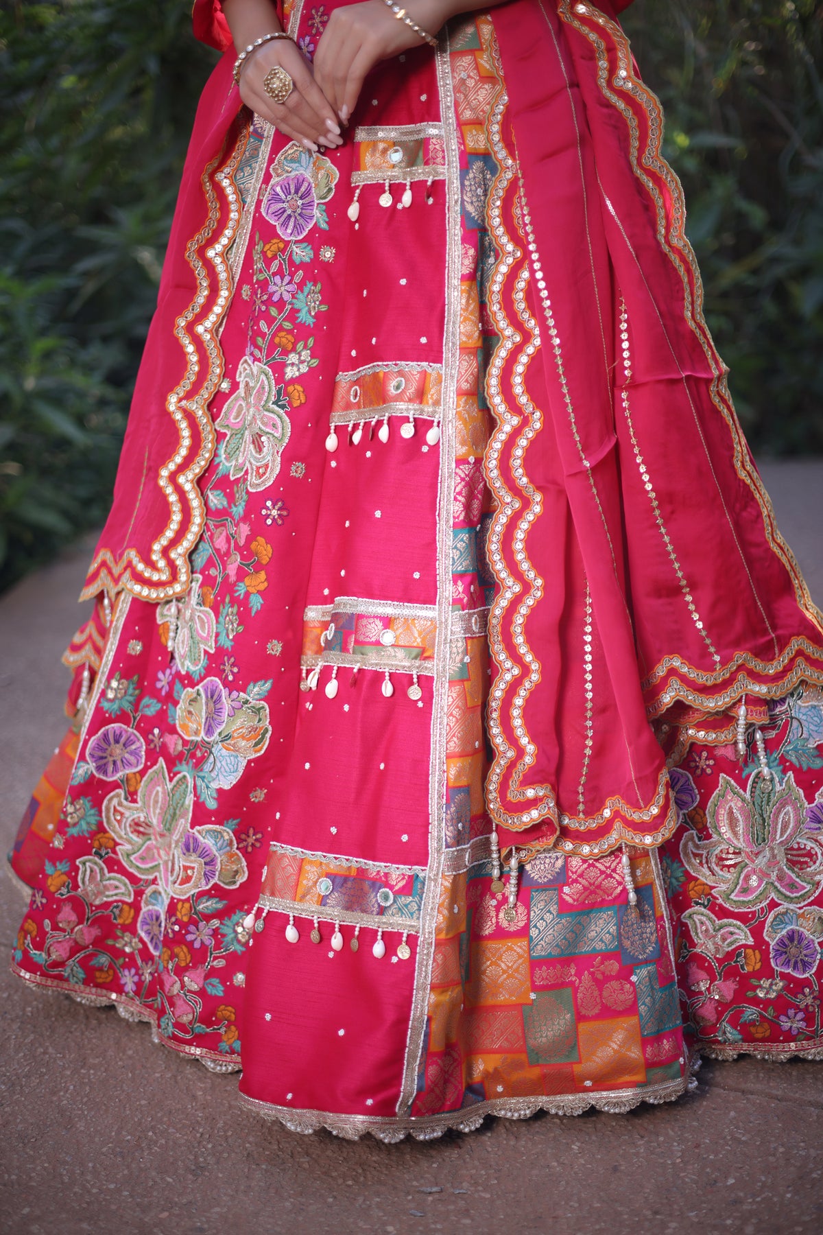 Pink Raw Silk Woven Lehenga with Mirror and Bead Work - pink silk saree