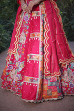 Pink Raw Silk Woven Lehenga with Mirror and Bead Work - pink silk saree