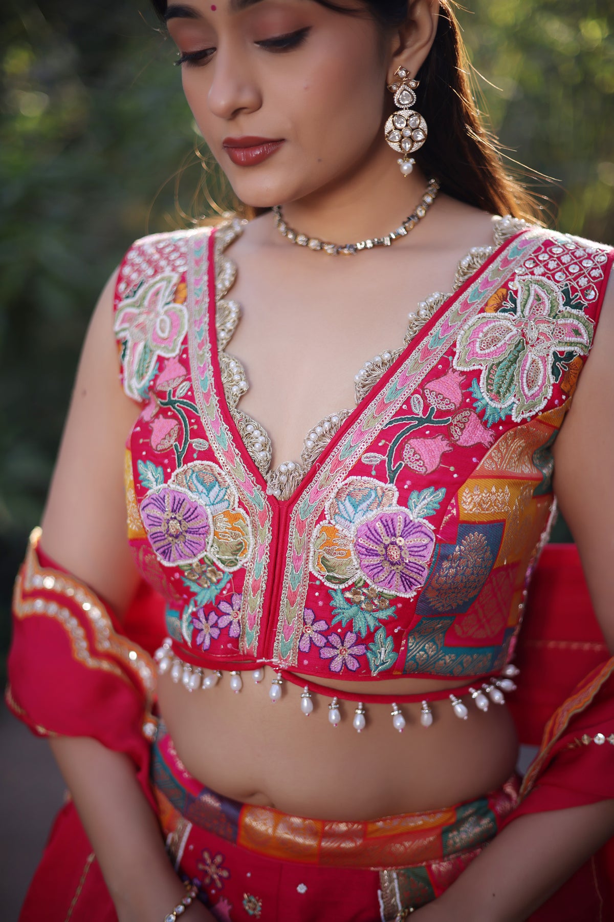 Pink Raw Silk Woven Lehenga with Mirror and Bead Work - pink silk saree