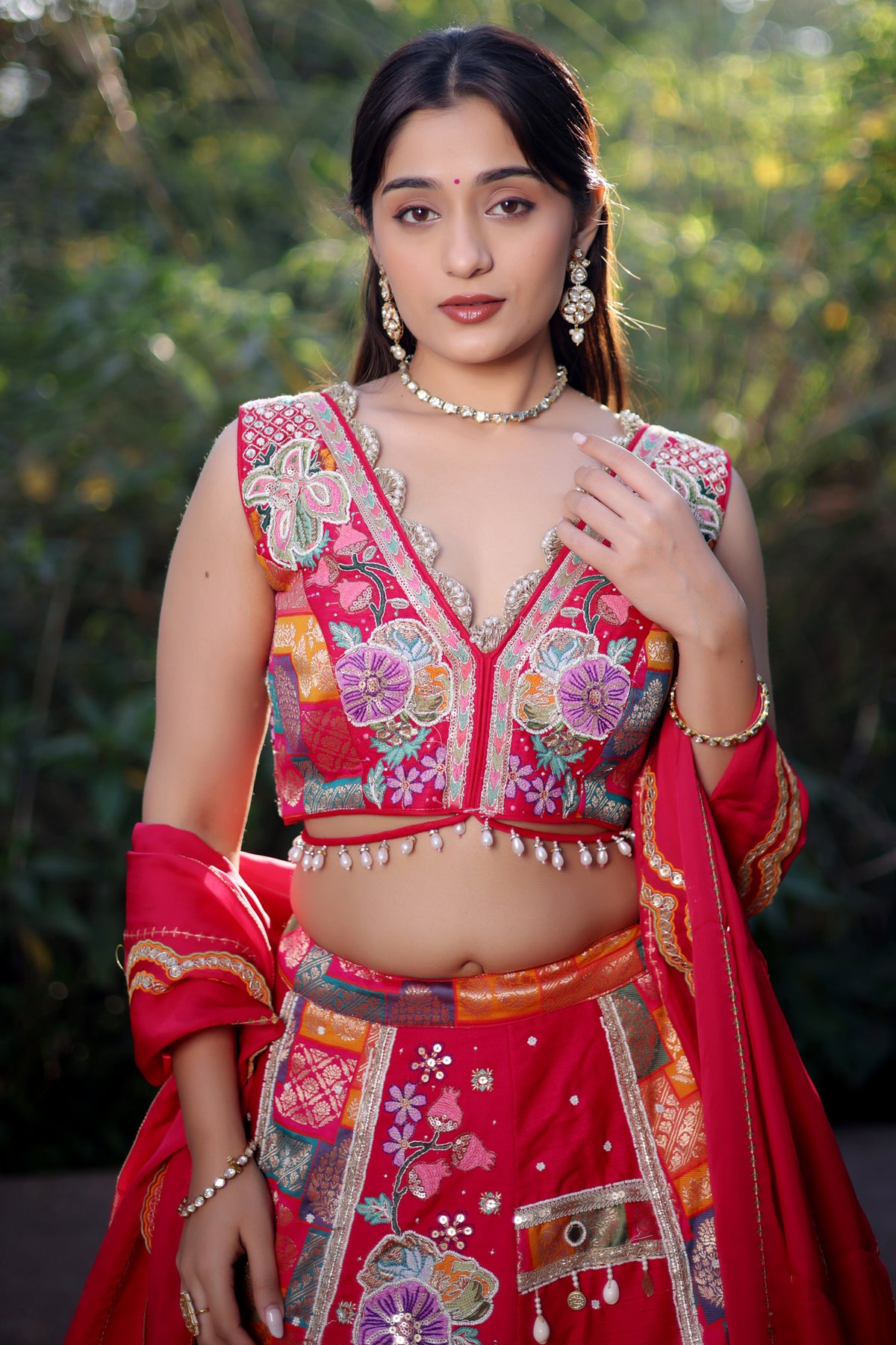 Pink Raw Silk Woven Lehenga with Mirror and Bead Work - pink silk saree
